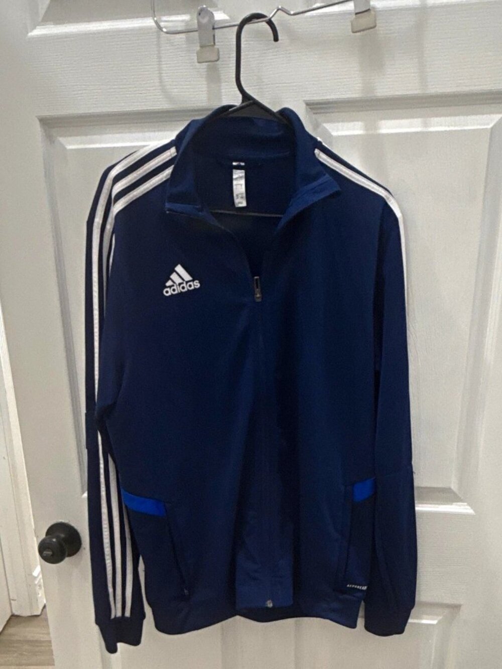 adidas Aeroready Men's Full Zip Track Jacket Pockets Blue/White Striped L